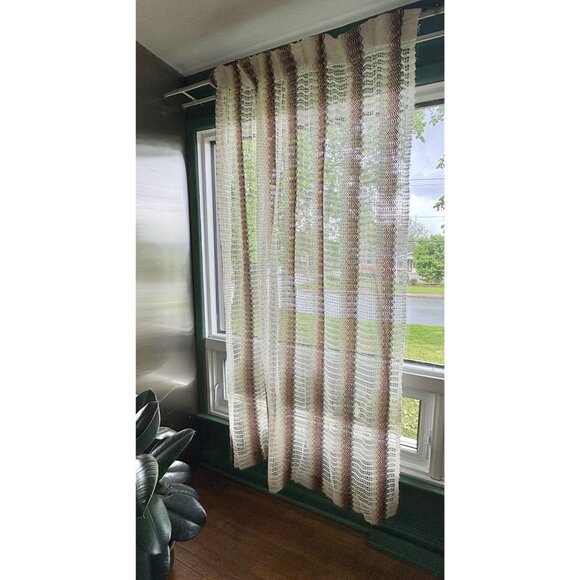 Vintage 70s mesh curtain, tan, rust, brown wavy stripes, pleated, per panel - Picture 3 of 10